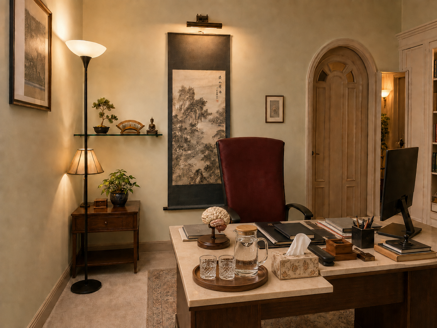 Illustration of a warm, cushioned therapy room